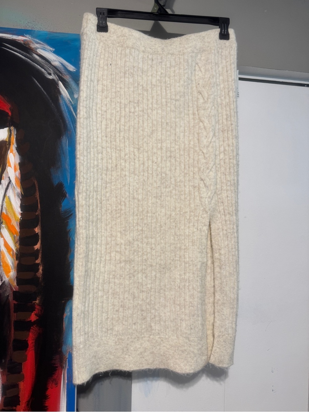 NWT Ophelia Roe Wool Blend Cable Knit Midi Sweater Skirt Cream Side Slit Size L - Picture 2 of 8